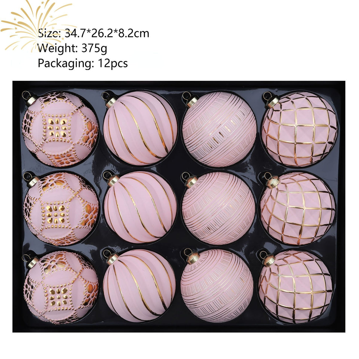 12-Piece Dopamine Christmas Ball Gift Set: 8cm polystyrene, shatterproof and durable, macaron-colored with painted gold foil textures, light luxury and healing, perfect for decorating Christmas trees and home ambiance./PINK