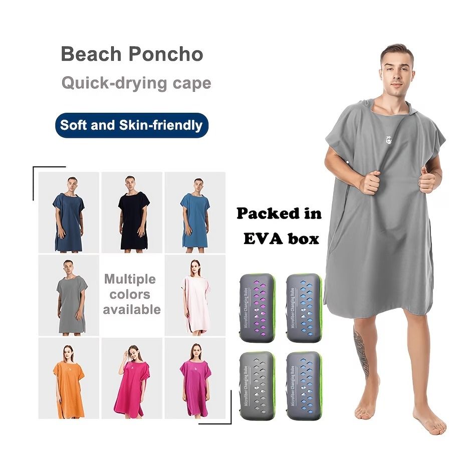 1pc Microfiber Quick-Dry Bathrobe with Storage Case, Changing Poncho for Bathroom, Surfing, Swimming, Beach, Lightweight & Compact, One Size, Portable Case.*grey