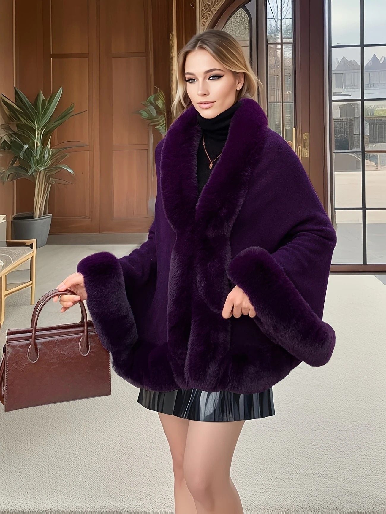 Imitation Mink Collar Knit Shawl: Autumn/Winter Retro Cape, Elegant, Versatile, and Flattering(purple)