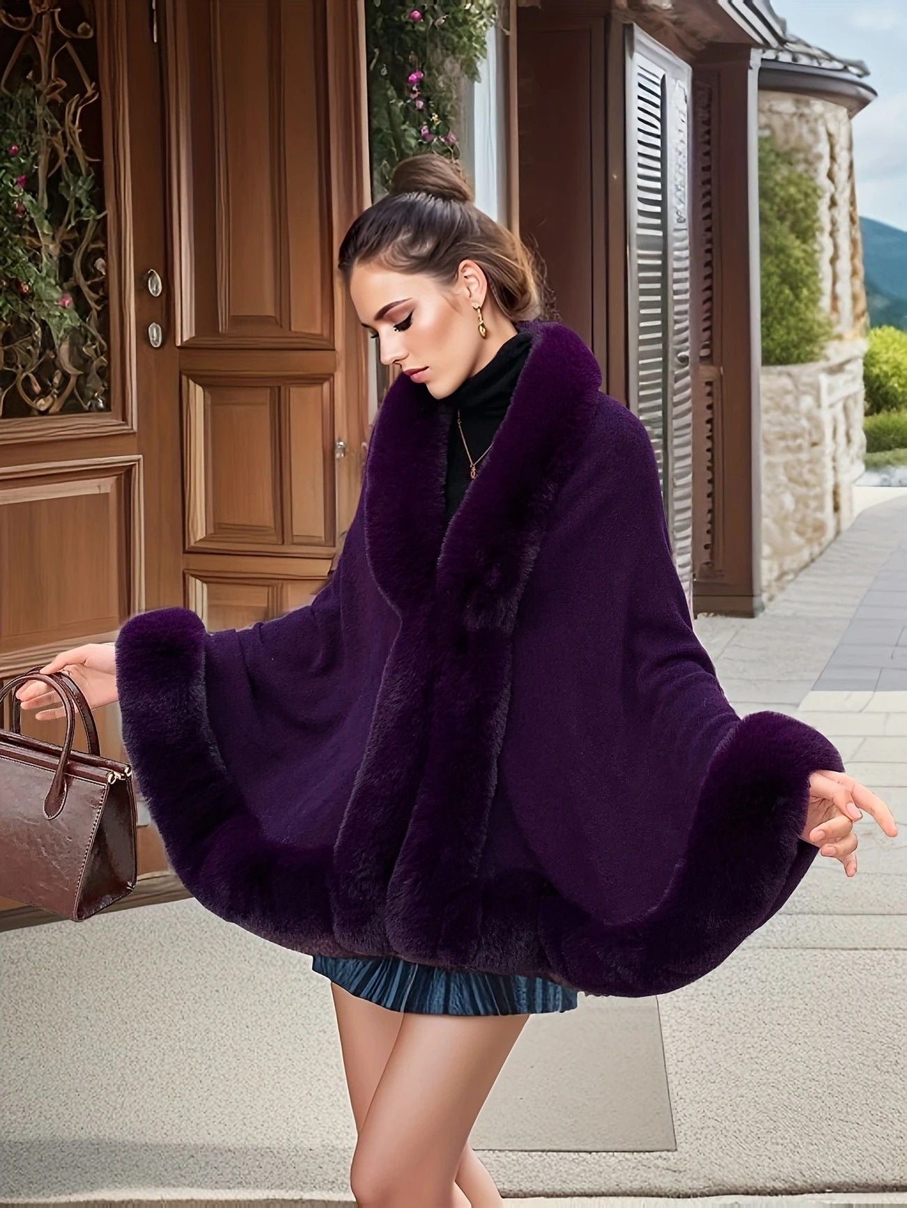 Imitation Mink Collar Knit Shawl: Autumn/Winter Retro Cape, Elegant, Versatile, and Flattering(purple)