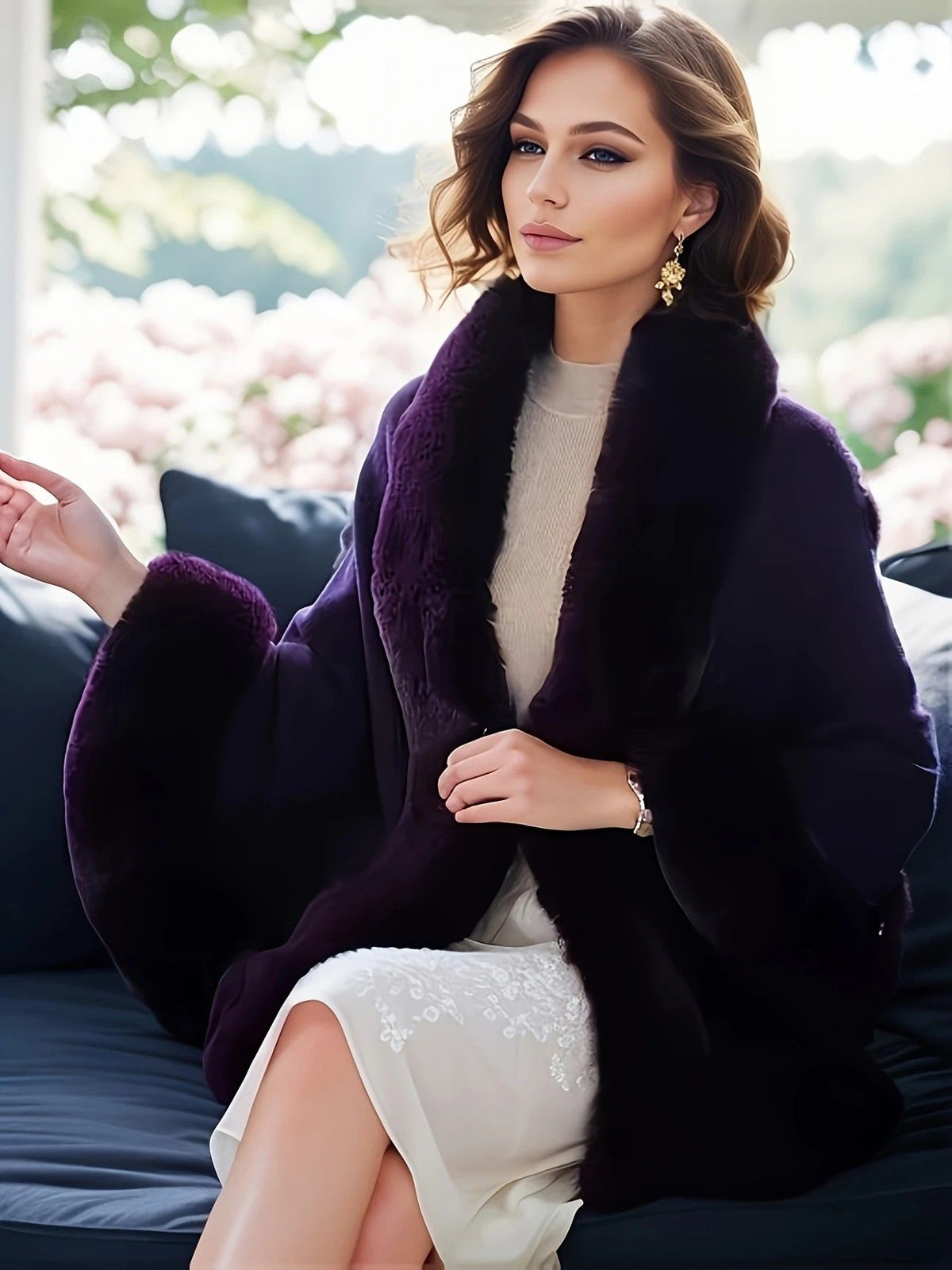 Imitation Mink Collar Knit Shawl: Autumn/Winter Retro Cape, Elegant, Versatile, and Flattering(purple)
