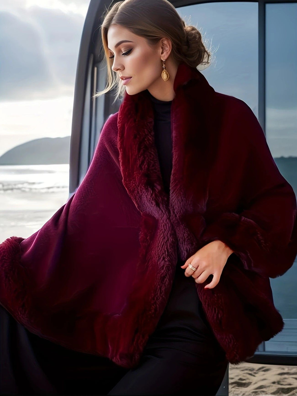 Imitation Mink Collar Knit Shawl: Autumn/Winter Retro Cape, Elegant, Versatile, and Flattering(purple)