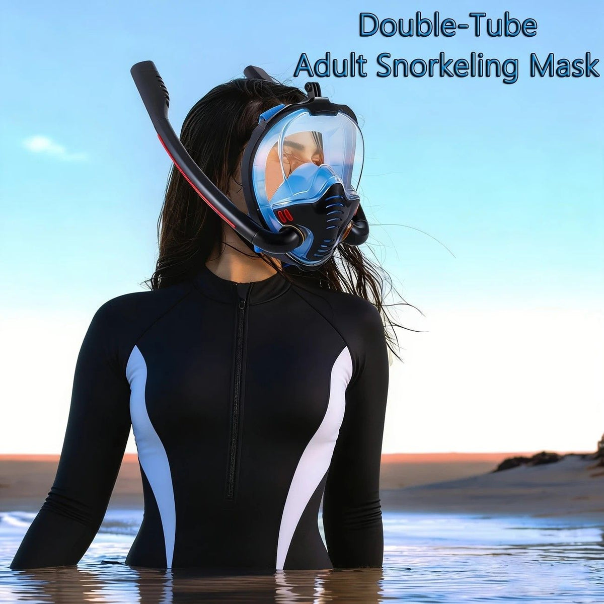 Adult Full Face Snorkel Mask Dual Tube 180° Panoramic Anti-Fog, Unisex Snorkelling Gear for Outdoor Water Sports S/M .orange