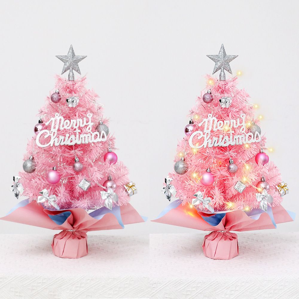 45cm Pink Mini Christmas Tree | Natural Log Base, Pink & Blue Wrapped Design, Star Topper, Letter Sign, Ornaments & Bows, Sweet Desktop Holiday Décor (No Lights Version)