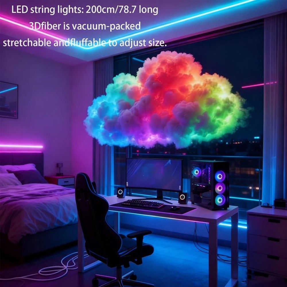 DIY Dreamy 3D Cloud Lamp, Bluetooth APP & Remote Control with Music Sync, USB Powered & Freely Shapable, Creative Parent-Child Interactive Atmosphere Light (Fantasy Color LED 200CM)