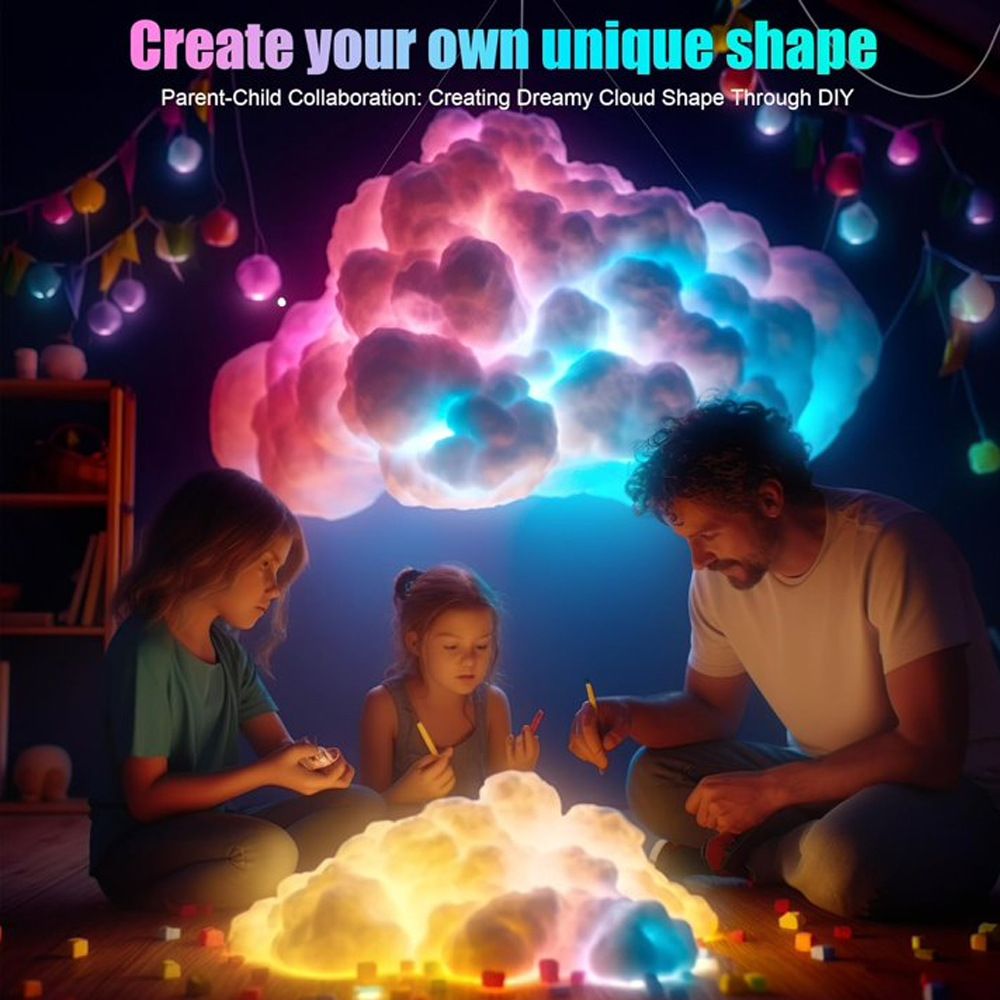 DIY Dreamy 3D Cloud Lamp, Bluetooth APP & Remote Control with Music Sync, USB Powered & Freely Shapable, Creative Parent-Child Interactive Atmosphere Light (Fantasy Color LED 200CM)