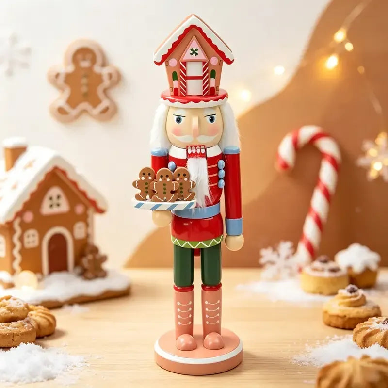 New Classic Wooden Nutcracker Figurine, 38cm tall, gingerbread house hat design, red and blue military uniform, playful hand-painted finish, perfect Christmas gift.