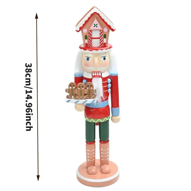 New Classic Wooden Nutcracker Figurine, 38cm tall, gingerbread house hat design, red and blue military uniform, playful hand-painted finish, perfect Christmas gift.