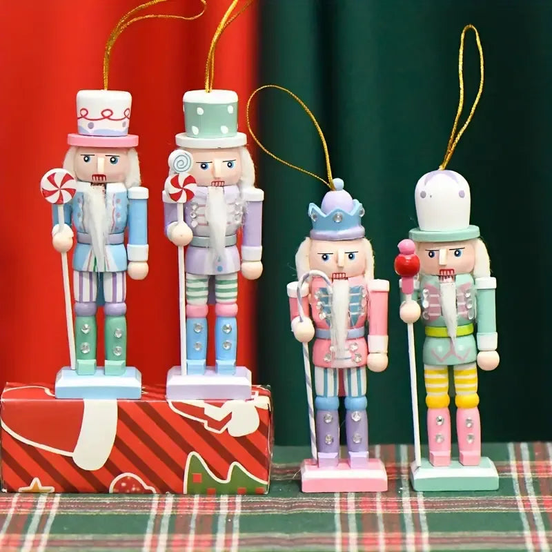 Wooden Nutcracker Soldier 4-Piece Set, 13cm tall, macaron colors, dual-use as Christmas ornaments and desktop decorations.