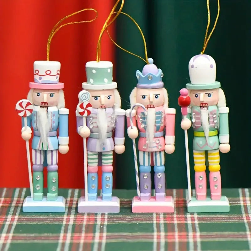 Wooden Nutcracker Soldier 4-Piece Set, 13cm tall, macaron colors, dual-use as Christmas ornaments and desktop decorations.