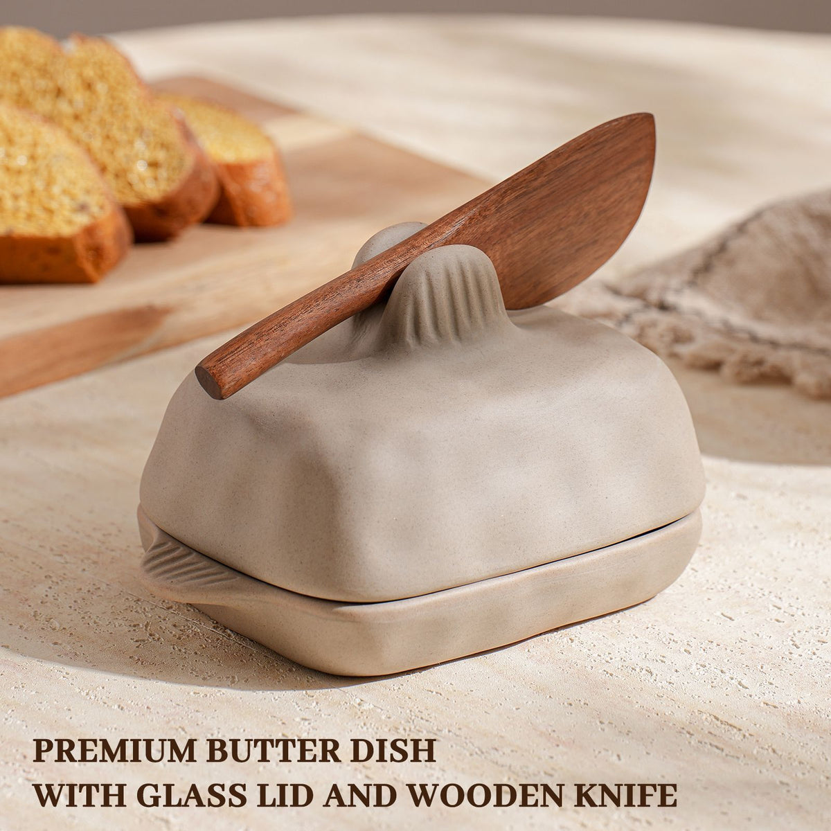 Wabi-Sabi Ceramic Butter Dish Set with Lid & Wooden Knife, Retro Breakfast Cheese Storage Tray