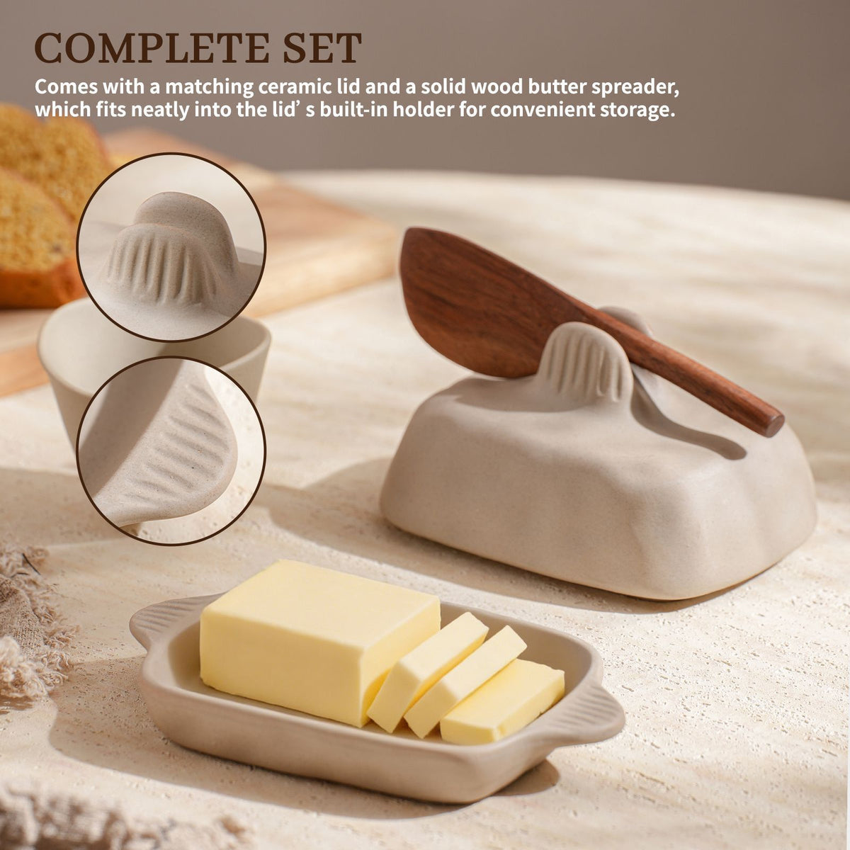 Wabi-Sabi Ceramic Butter Dish Set with Lid & Wooden Knife, Retro Breakfast Cheese Storage Tray