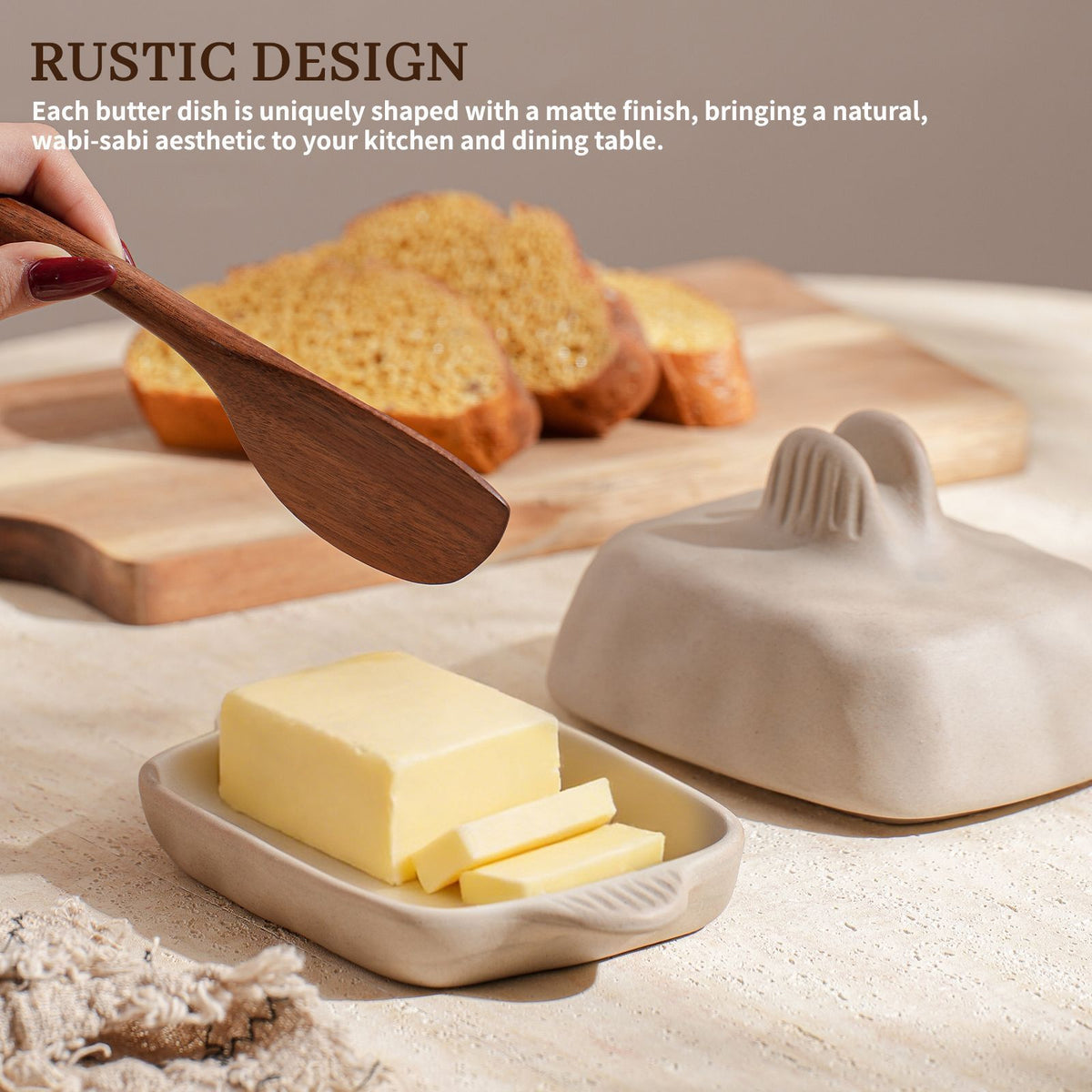 Wabi-Sabi Ceramic Butter Dish Set with Lid & Wooden Knife, Retro Breakfast Cheese Storage Tray