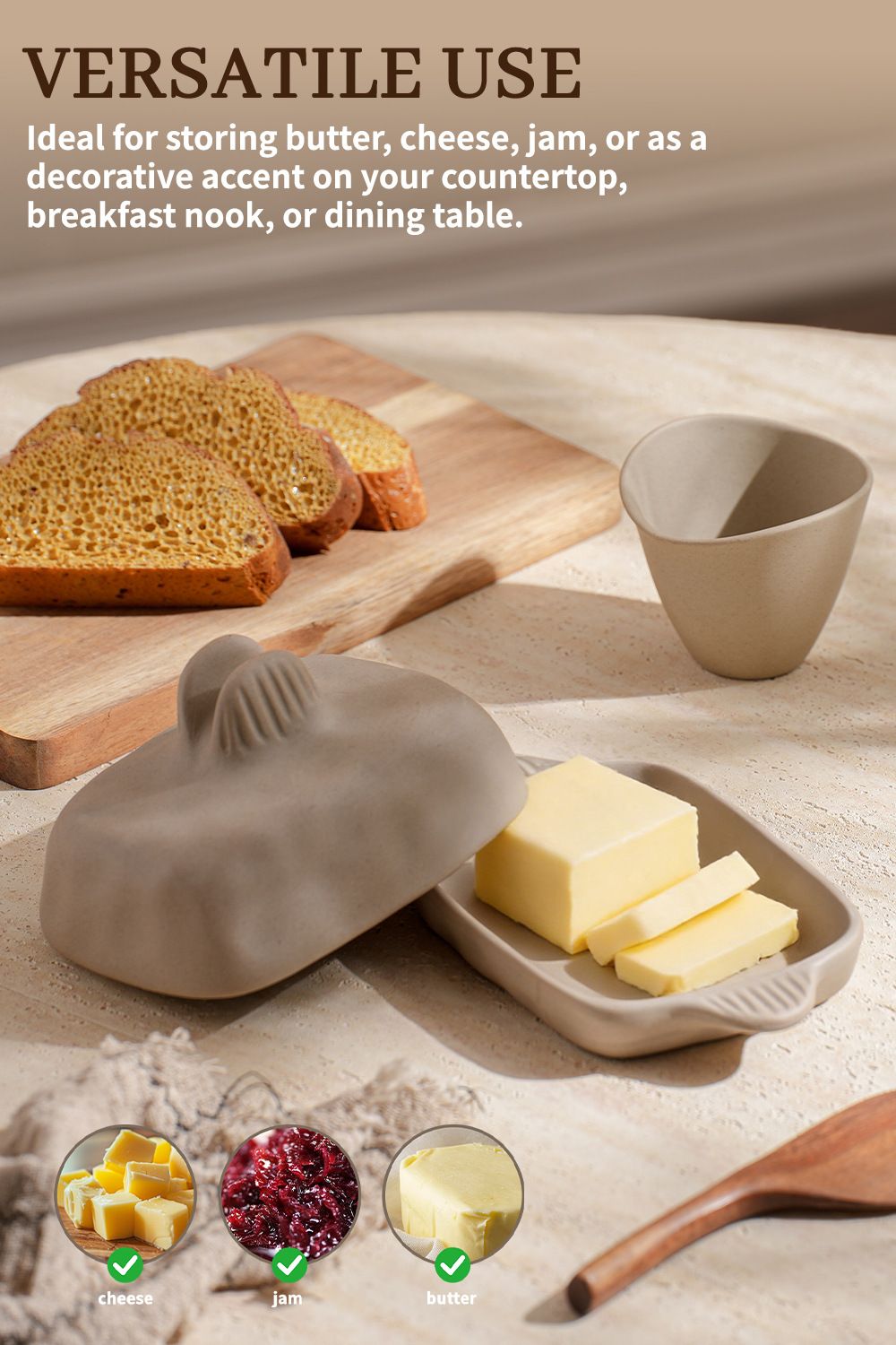 Wabi-Sabi Ceramic Butter Dish Set with Lid & Wooden Knife, Retro Breakfast Cheese Storage Tray