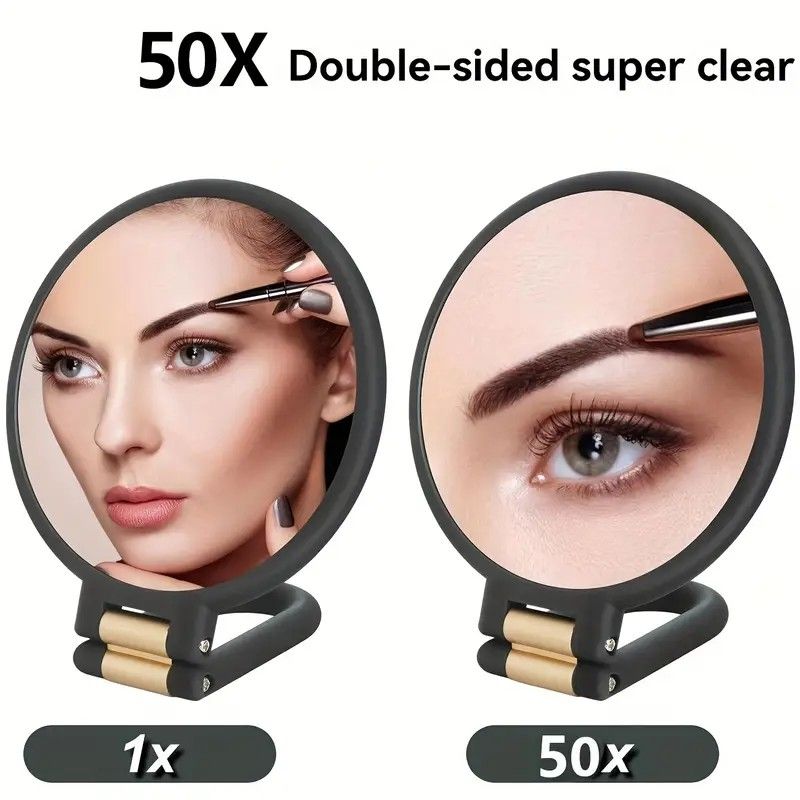 Double-sided Folding Makeup Mirror – 1X/50X Dual Magnification, 360° Rotatable and Foldable for Portability, Three Uses: Handheld, Desktop, Wall-mounted(PINK)