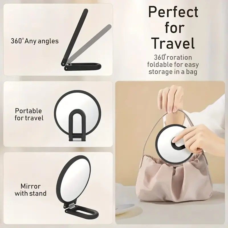 Double-sided Folding Makeup Mirror – 1X/50X Dual Magnification, 360° Rotatable and Foldable for Portability, Three Uses: Handheld, Desktop, Wall-mounted(PINK)