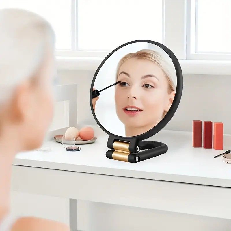 Double-sided Folding Makeup Mirror – 1X/50X Dual Magnification, 360° Rotatable and Foldable for Portability, Three Uses: Handheld, Desktop, Wall-mounted(PINK)