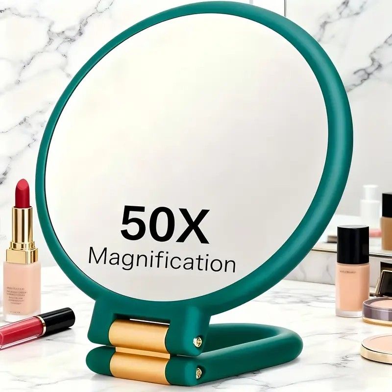 Double-sided Folding Makeup Mirror – 1X/50X Dual Magnification, 360° Rotatable and Foldable for Portability, Three Uses: Handheld, Desktop, Wall-mounted(PINK)