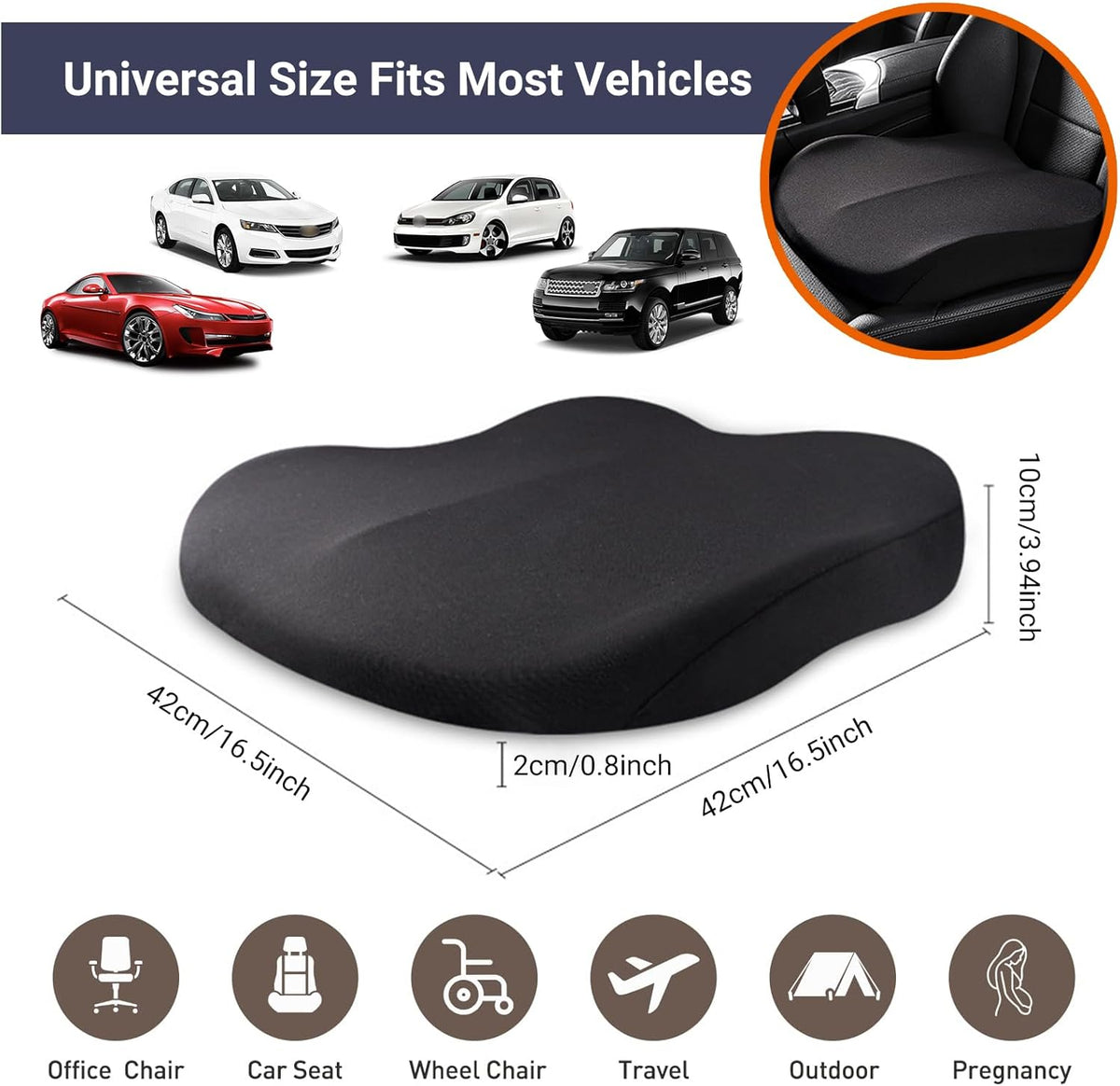 Car Seat Cushion Memory Foam 42x42x10cm Blue Comfort Support Pad for Vehicle Seats