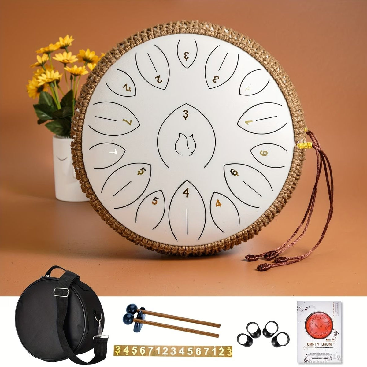 12-Inch D Major 15-Note Steel Tongue Drum, Carbon Steel Material, Petal Tongue Design, Machine-Made & Hand-Tuned, Ethereal & Melodious, Comes with Mallets, Finger Cots & Tutorial, Ideal for Meditation, Yoga & Music Enlightenment!*white