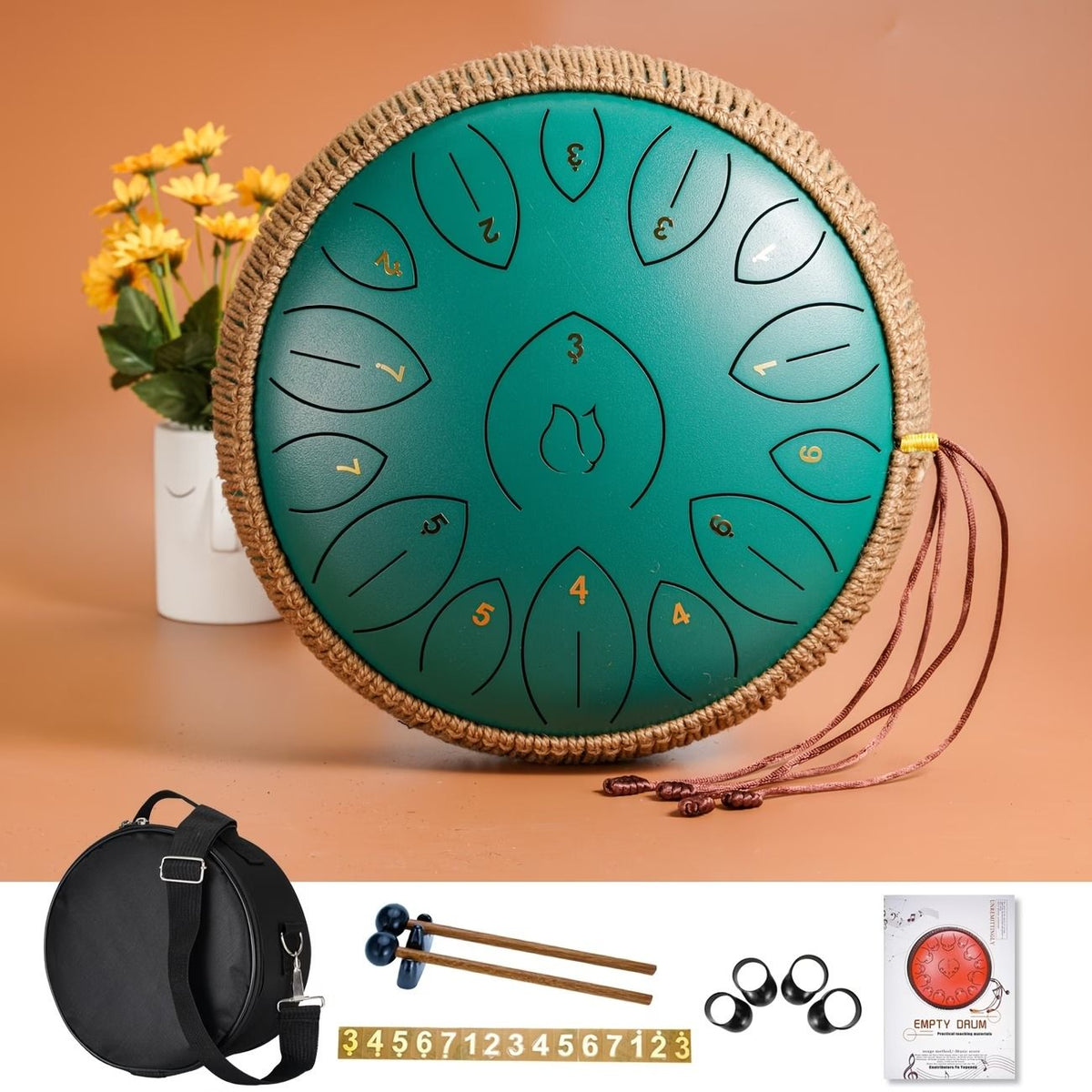 12-Inch D Major 15-Note Steel Tongue Drum, Carbon Steel Material, Petal Tongue Design, Machine-Made & Hand-Tuned, Ethereal & Melodious, Comes with Mallets, Finger Cots & Tutorial, Ideal for Meditation, Yoga & Music Enlightenment!*white