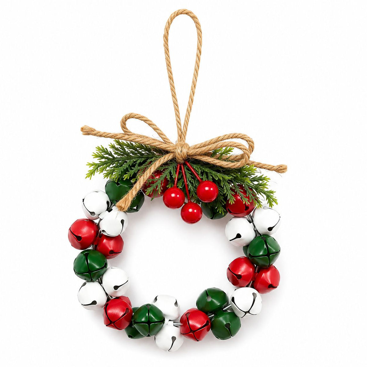 2PCS Mini Christmas Bell Wreath | Red, Green & White Metal Bells, Artificial Pine Branches & Jute Twine Bow, Small & Exquisite Hanging Ornament