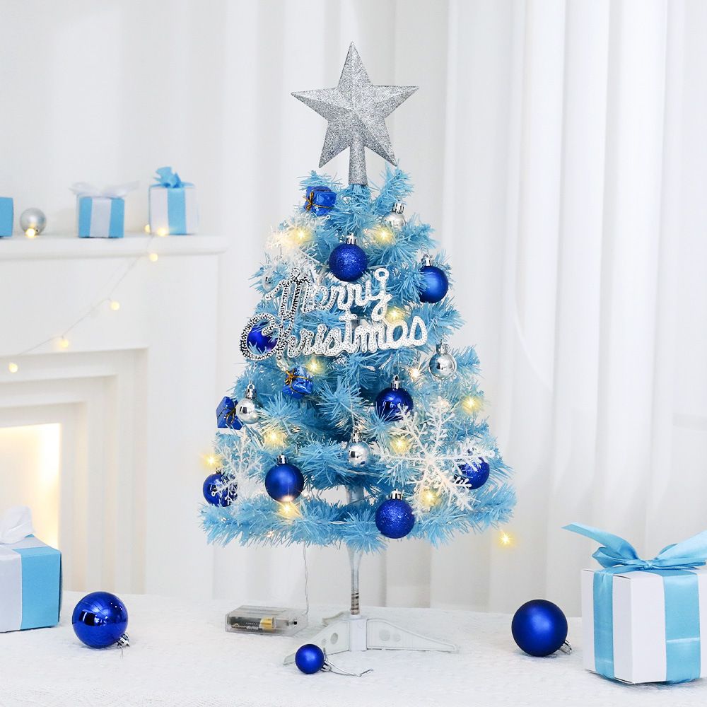 45cm Blue Mini Christmas Tree Set | Includes Star Topper, Letter Sign, Ornament Balls & Snowflake Decorations, Fresh & Dreamy Desktop Holiday Décor (No Lights Version)