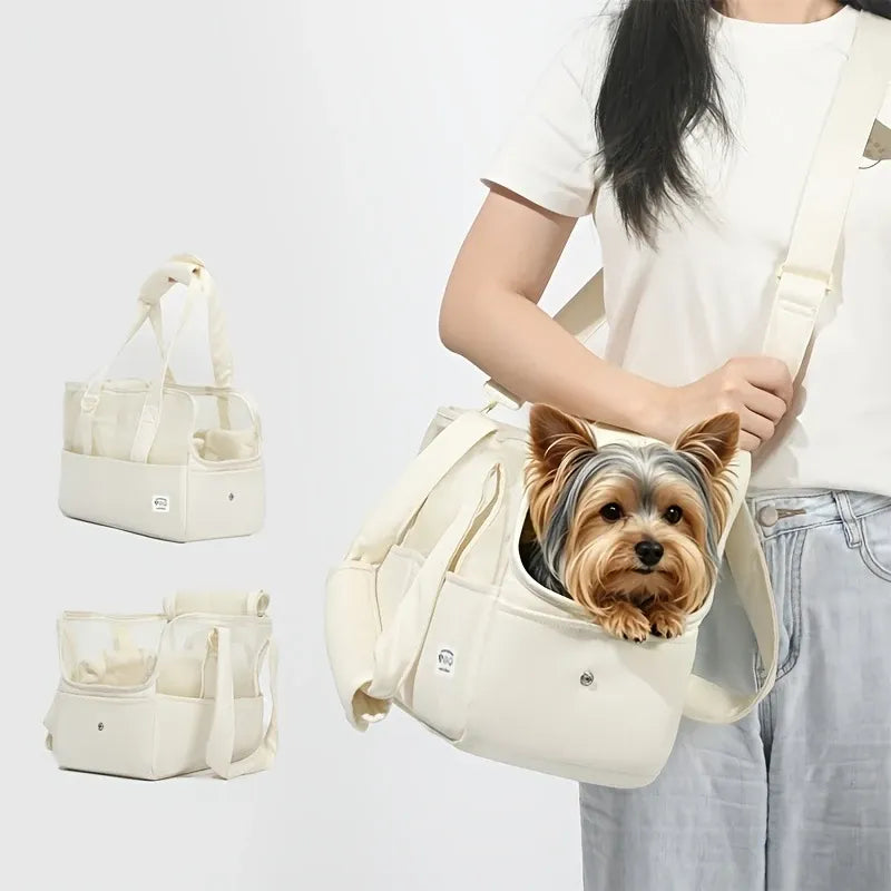 Cream Style Pet Tote Bag – Breathable Mesh, Anti-Sag Base, L Size for Cats & Dogs, Detachable Strap, Hand & Crossbody, Lightweight Travel Essential