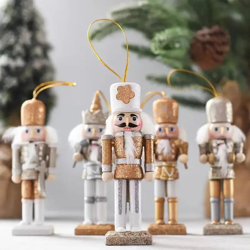 Wooden Nutcracker Soldier 5-Piece Set, white gold glitter finish, approx. 13cm tall, dual-use as Christmas tree ornaments and desktop decorations.