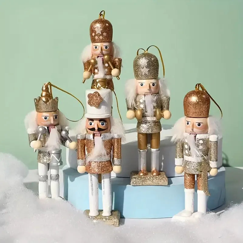 Wooden Nutcracker Soldier 5-Piece Set, white gold glitter finish, approx. 13cm tall, dual-use as Christmas tree ornaments and desktop decorations.