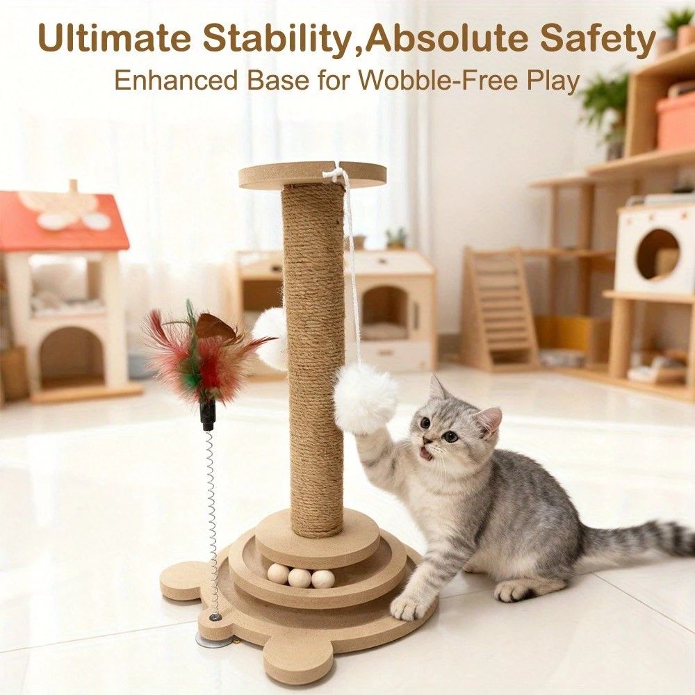 Bestselling Interactive Cat Scratching Post | Sisal Scratching Board + Rotating Ball Track + Feather Toy, Multi-functional Cat Tower for Solo Play and Stress Relief