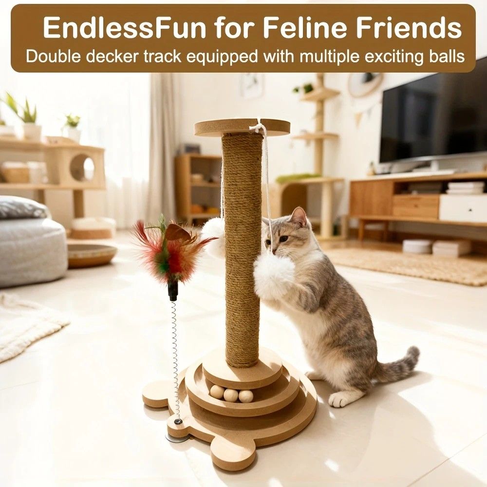 Bestselling Interactive Cat Scratching Post | Sisal Scratching Board + Rotating Ball Track + Feather Toy, Multi-functional Cat Tower for Solo Play and Stress Relief
