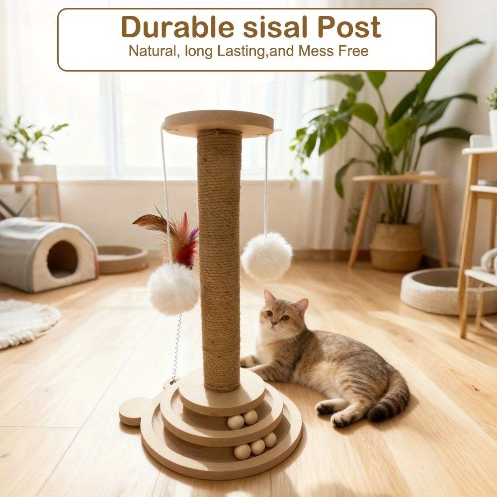 Bestselling Interactive Cat Scratching Post | Sisal Scratching Board + Rotating Ball Track + Feather Toy, Multi-functional Cat Tower for Solo Play and Stress Relief