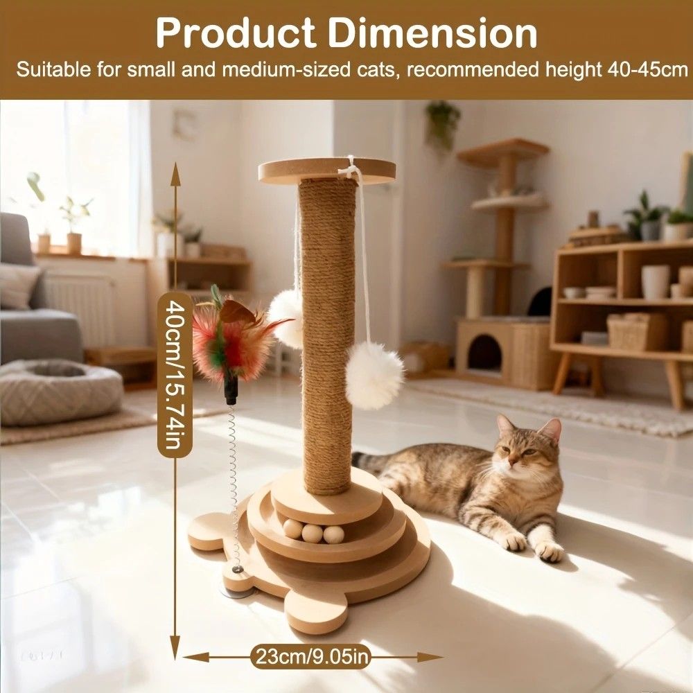 Bestselling Interactive Cat Scratching Post | Sisal Scratching Board + Rotating Ball Track + Feather Toy, Multi-functional Cat Tower for Solo Play and Stress Relief