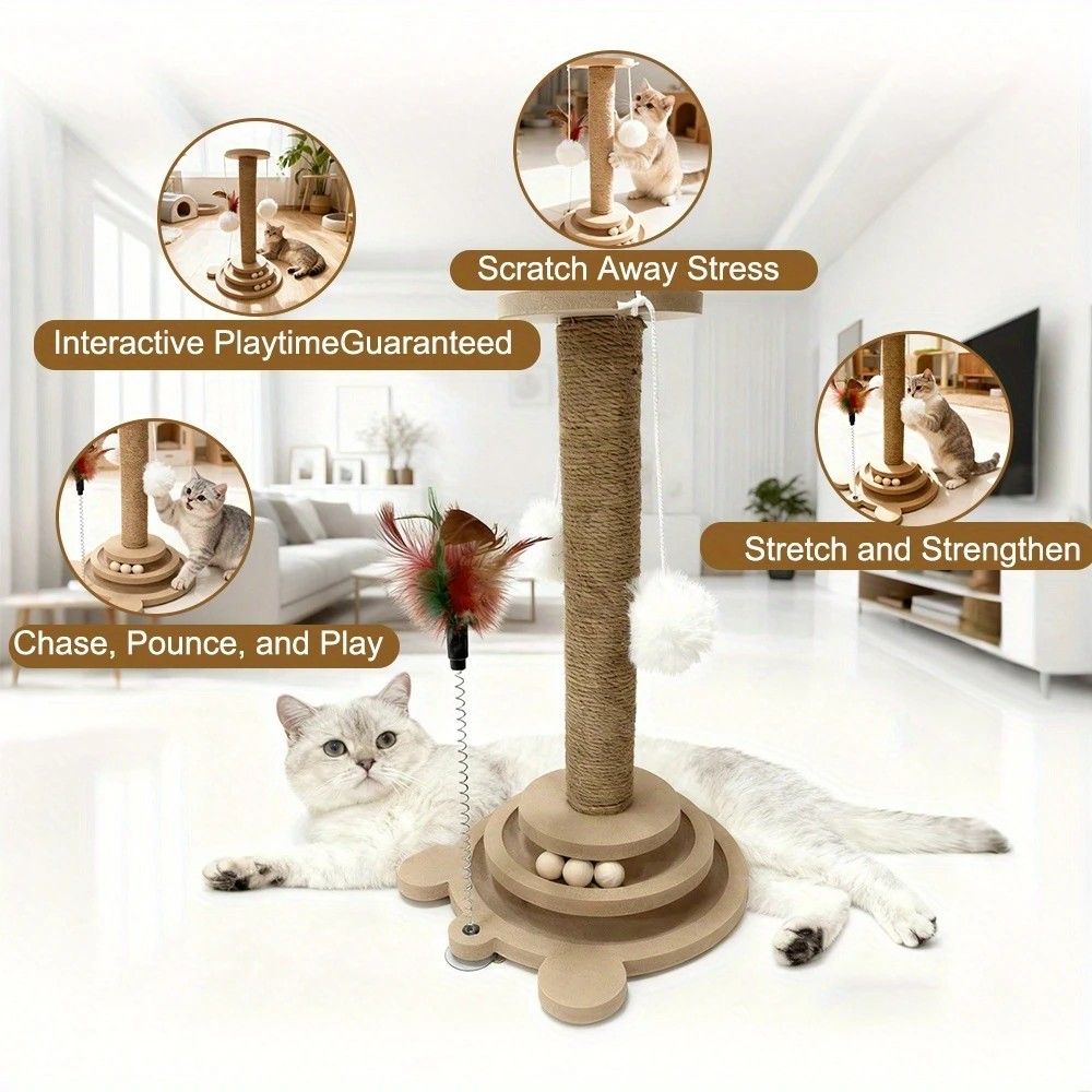 Bestselling Interactive Cat Scratching Post | Sisal Scratching Board + Rotating Ball Track + Feather Toy, Multi-functional Cat Tower for Solo Play and Stress Relief