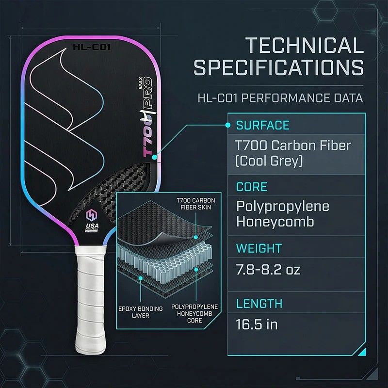 T700 Carbon Fiber Pickleball Paddle 16mm Core Lightweight Single Paddle with Polymer Honeycomb Core(bluish violet)