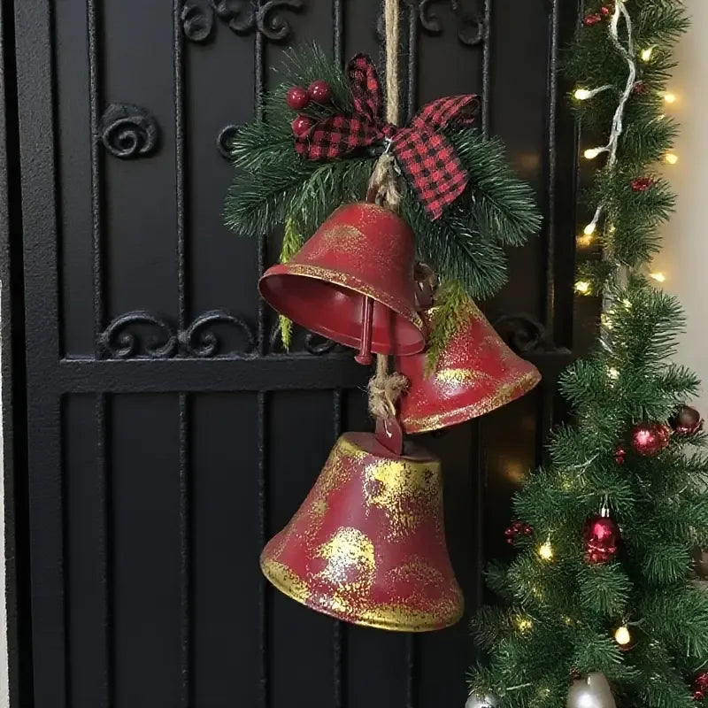 Vintage wine red gold-speckled Christmas bells, red and black plaid bow with pine branch decoration, 42cm long string for door, wall, and tree hanging.