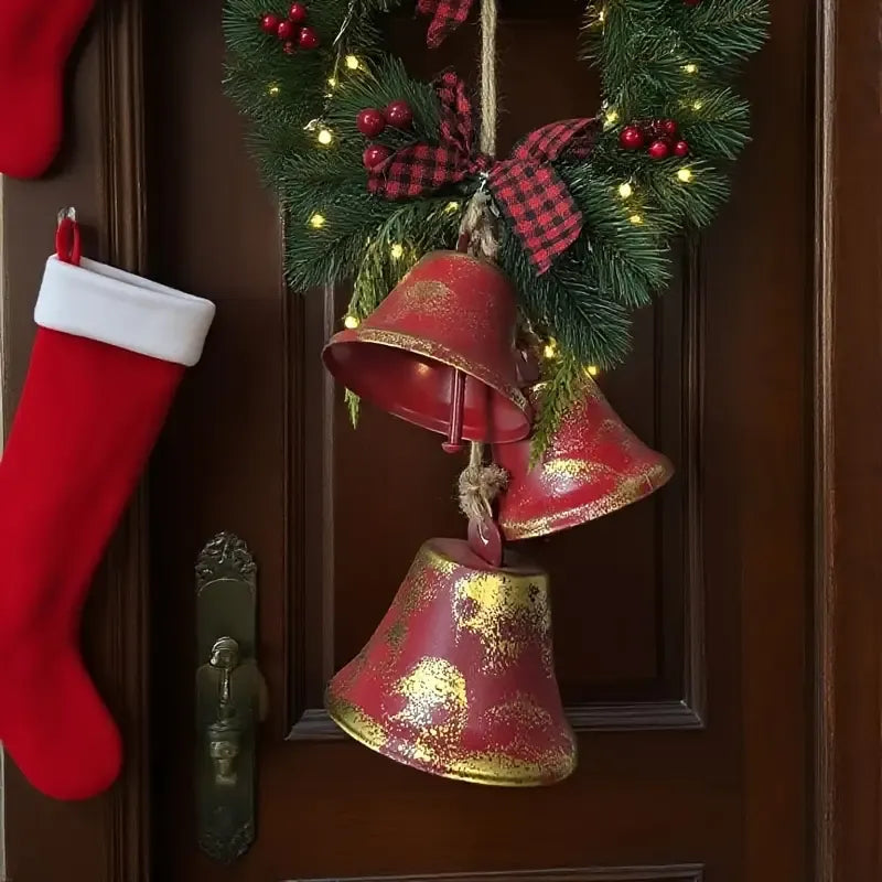 Vintage wine red gold-speckled Christmas bells, red and black plaid bow with pine branch decoration, 42cm long string for door, wall, and tree hanging.