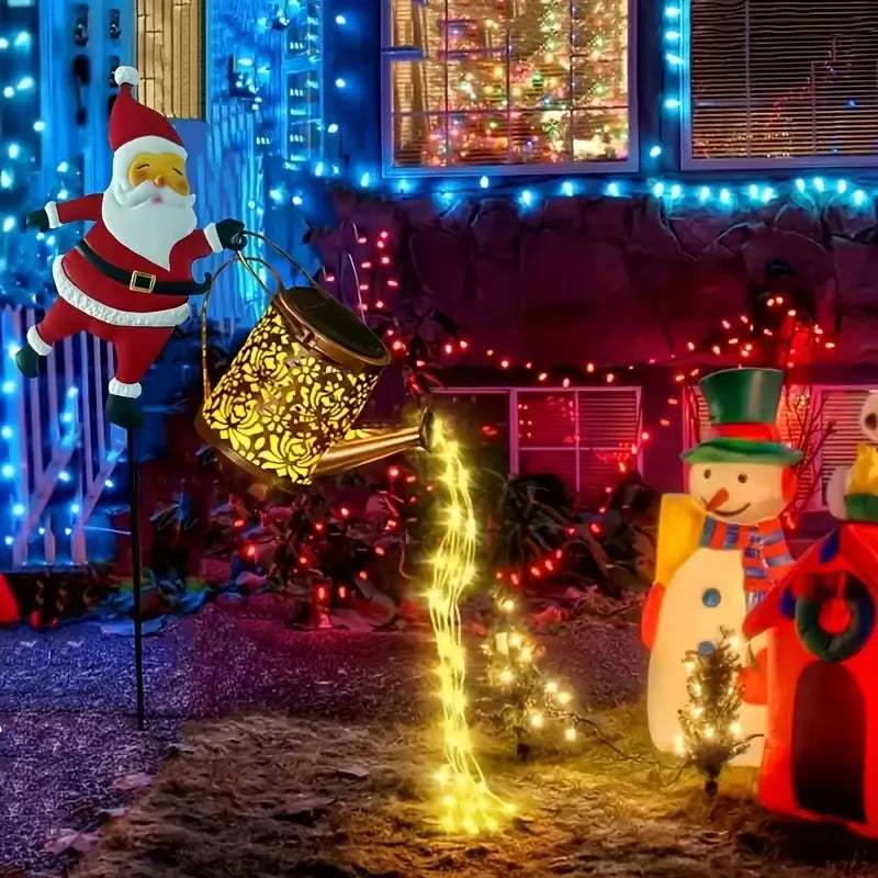 Solar Santa Claus Watering Can Light, IP64 Waterproof Iron Art, Multi-Color Light Effects, Brighten Up Your Outdoor Garden Holiday Ambiance (Warm Light)