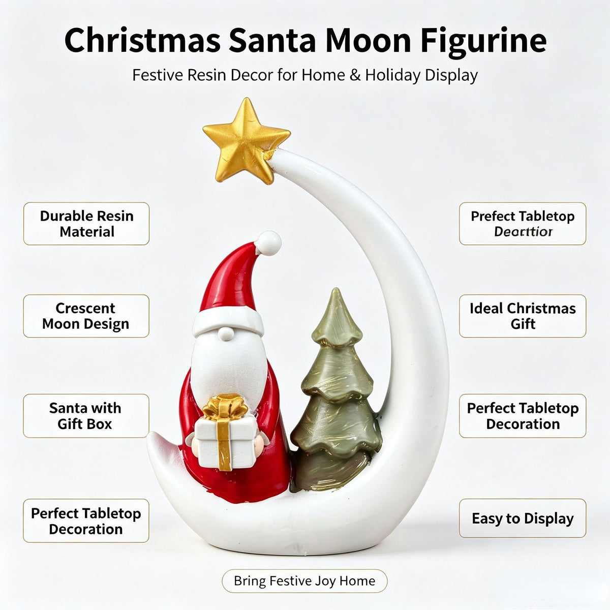 Christmas Moon Resin Figurine, Warm Holiday Tabletop Decoration