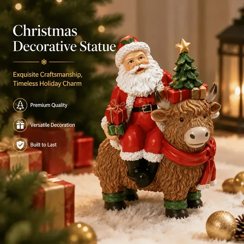 Santa Riding Highland Cow Resin Figurine | Hand-Painted Cute Design, Red Scarf & Mini Christmas Tree Accents, Festive Desktop Décor
