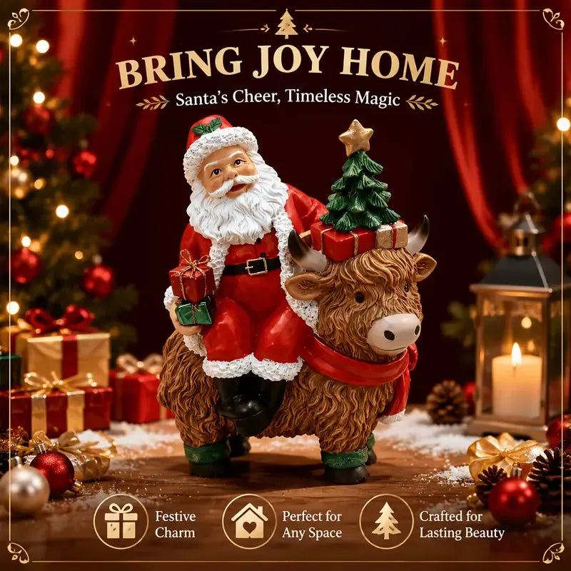 Santa Riding Highland Cow Resin Figurine | Hand-Painted Cute Design, Red Scarf & Mini Christmas Tree Accents, Festive Desktop Décor