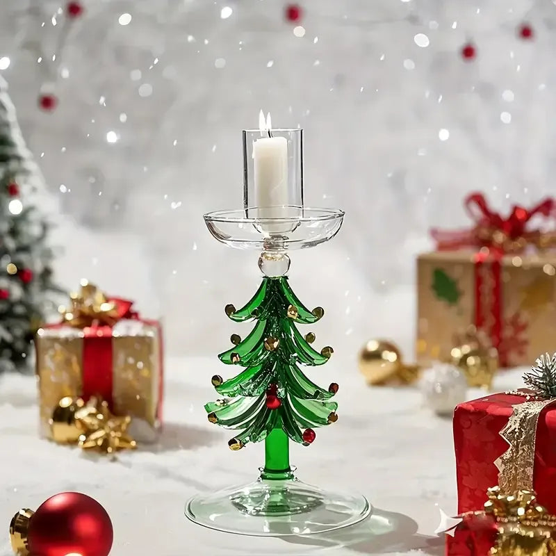 Glass Christmas Tree Candle Holder, Transparent Festive Tabletop Centerpiece