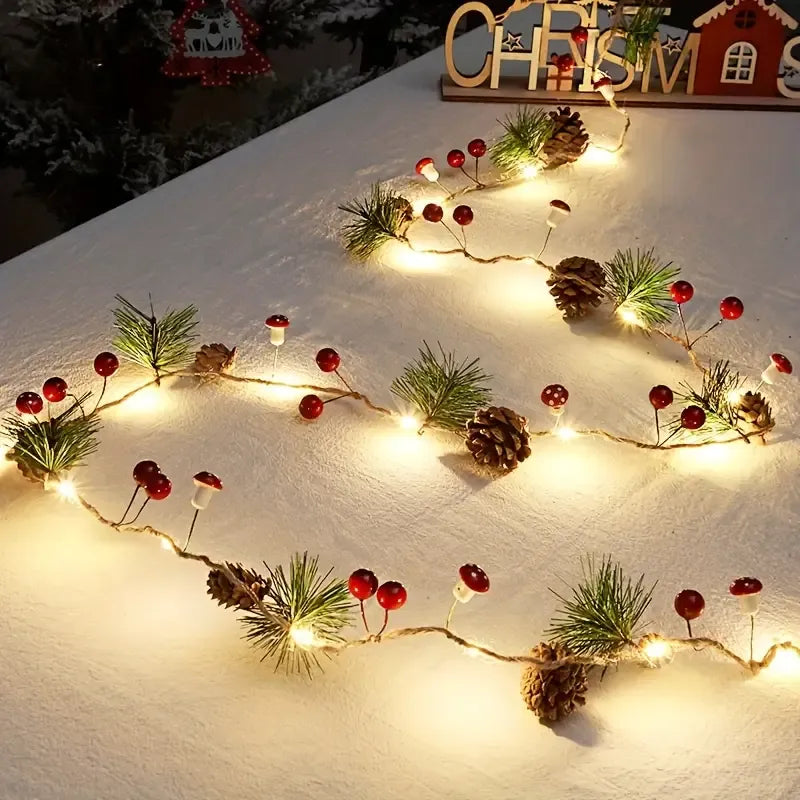 Christmas Forest-Style Decorative String Light | 200cm, 20 Warm White LEDs, Adorned with Pine Needles, Pinecones & Red Berries, Battery-Powered (Batteries Not Included), Hang Anywhere, Creates a Cozy Holiday Atmosphere
