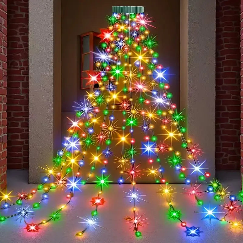 USB Remote Control Christmas Tree Waterfall String Light | Ring Hanging Tool-Free Installation, High-Density LED Starburst Effect, IP44 Waterproof, Fits 4–12ft Trees (colour 2m / 400 Lights)