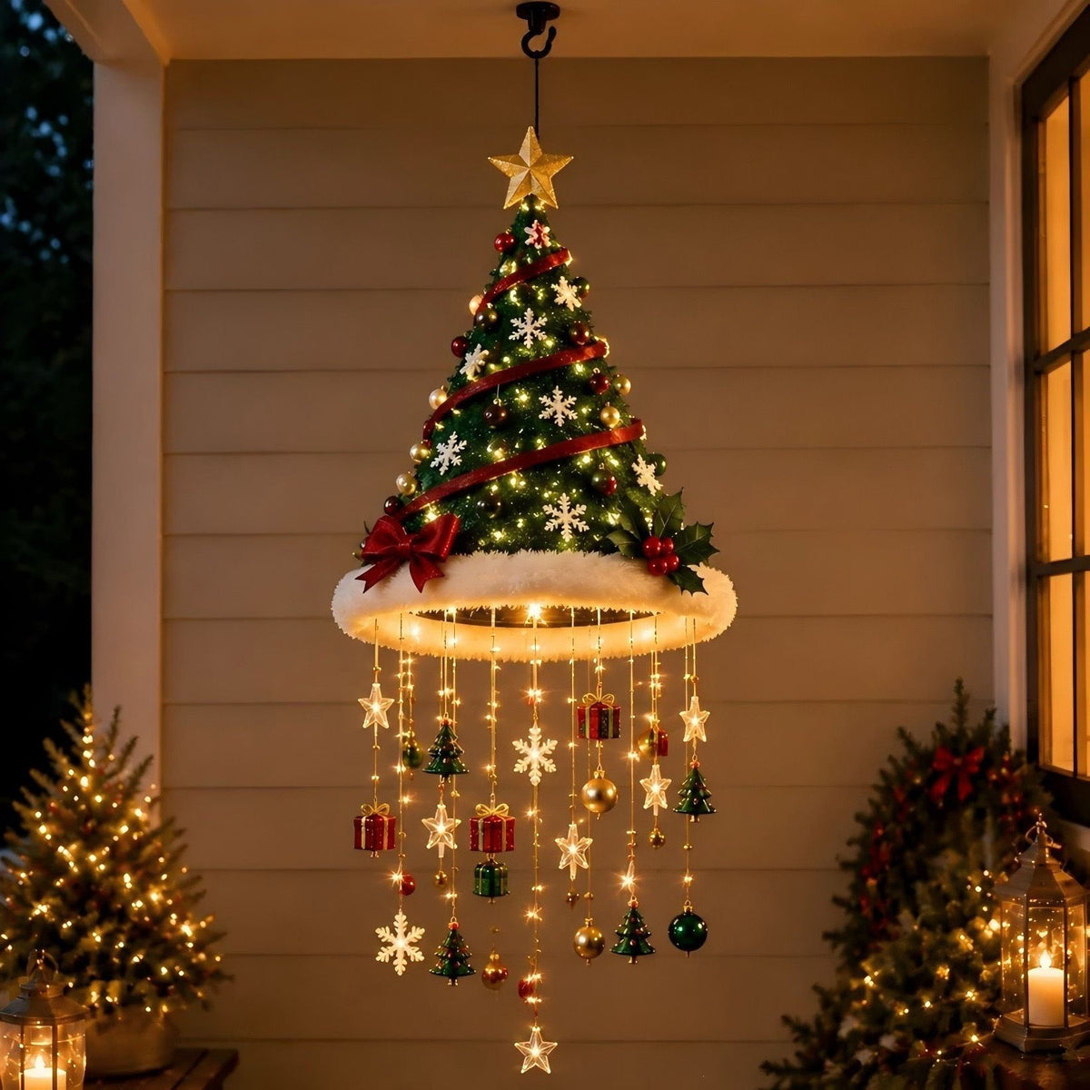 Christmas Hat LED Hanging Light with warm cascading lights & star/snowflake ornaments, powered by 2 AA batteries (not included, please prepare your own), includes hanging string, maximum Christmas vibes!(Christmas tree style)