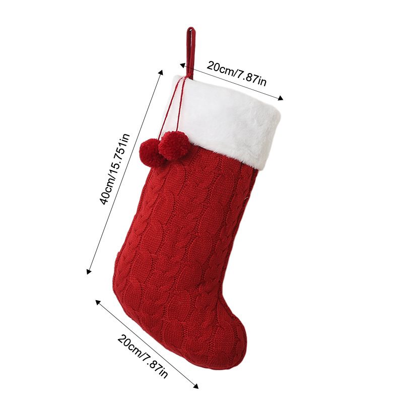 Knitted Double Pom-Pom Christmas Stocking, Cable Knit Texture Plush Cuff, Perfect for Both Decoration and Storage./RED