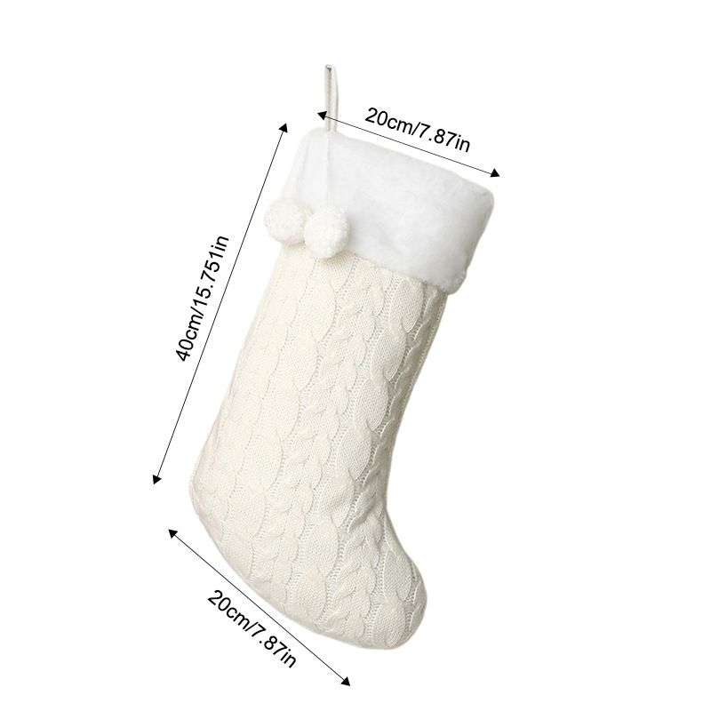 Knitted Double Pom-Pom Christmas Stocking, Cable Knit Texture Plush Cuff, Perfect for Both Decoration and Storage./WHITE