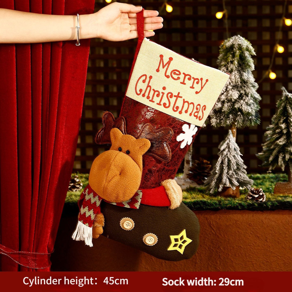 Fluffy plush fabric, 3D appliqués, full of festive charm. Height 45-47cm, holds candies and gifts, decorates Christmas trees and fireplaces, filling the room with Christmas magic./*Snowflake elk