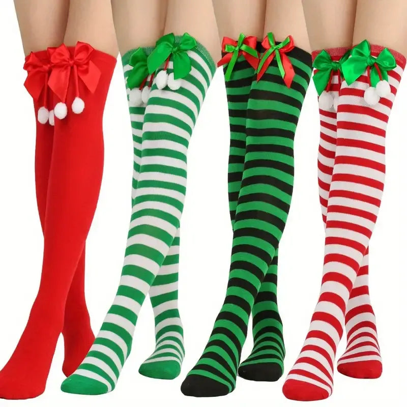 Christmas Over-the-Knee Socks, Handmade Polyester-Cotton Bows, Sweet & Warm Holiday Outfit. 4-Pack A02 Combo Set